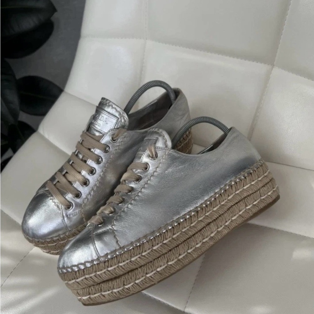Prada Metallic Silver Leather Platform Espadrille Sneakers Size 38